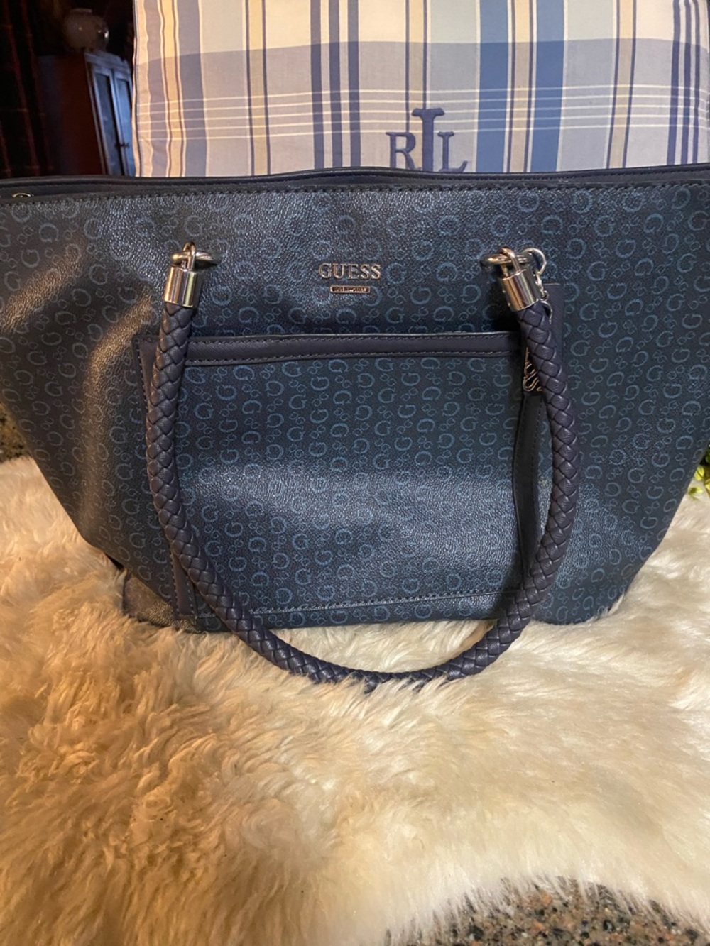 GUESS Navy Braided-Handle Logo Tote